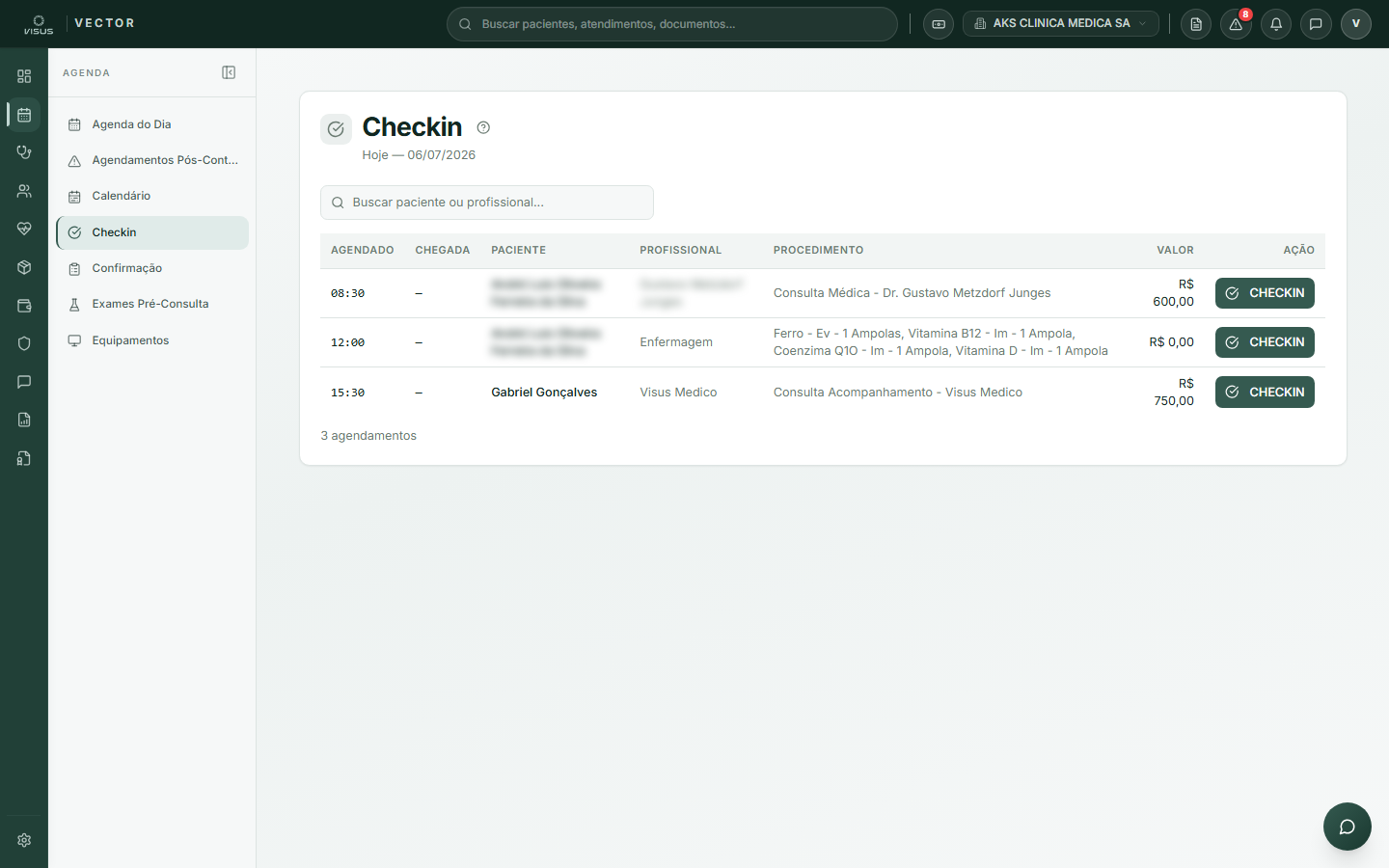 Tela de check-in com lista de agendamentos do dia
