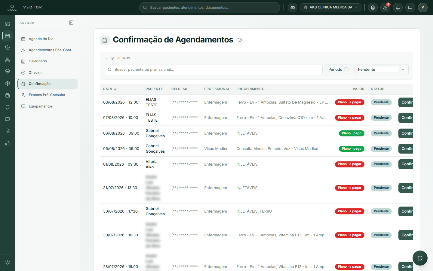 Tela de confirmação de agendamentos