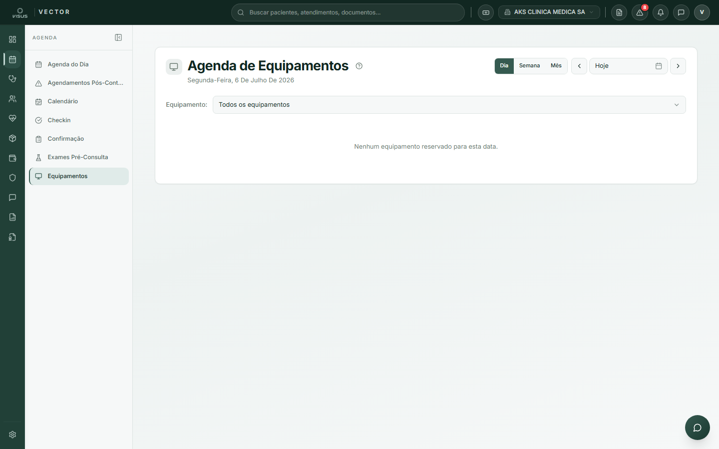 Agenda de equipamentos com visão semanal