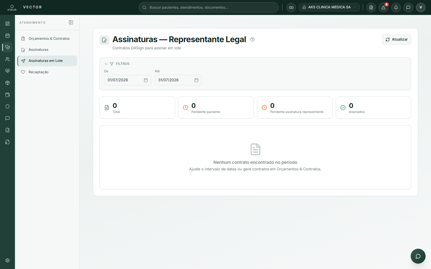Lista de contratos D4Sign com KPIs e barra de ações em lote