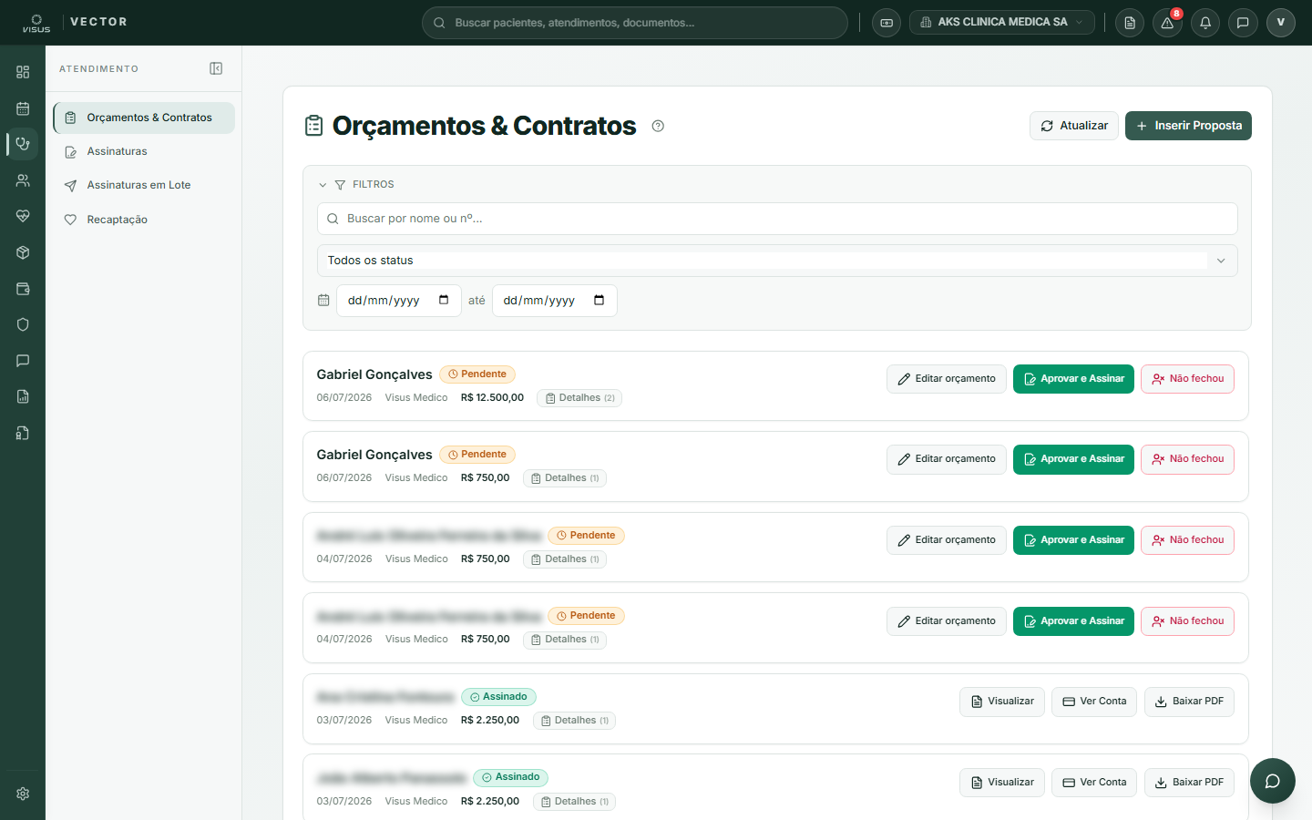Tela de Orçamentos e Contratos