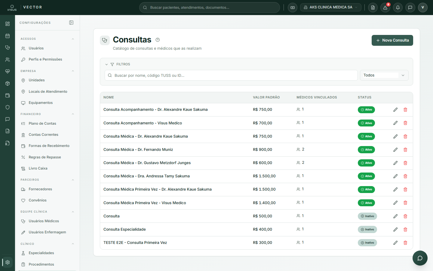 Lista de consultas da clínica