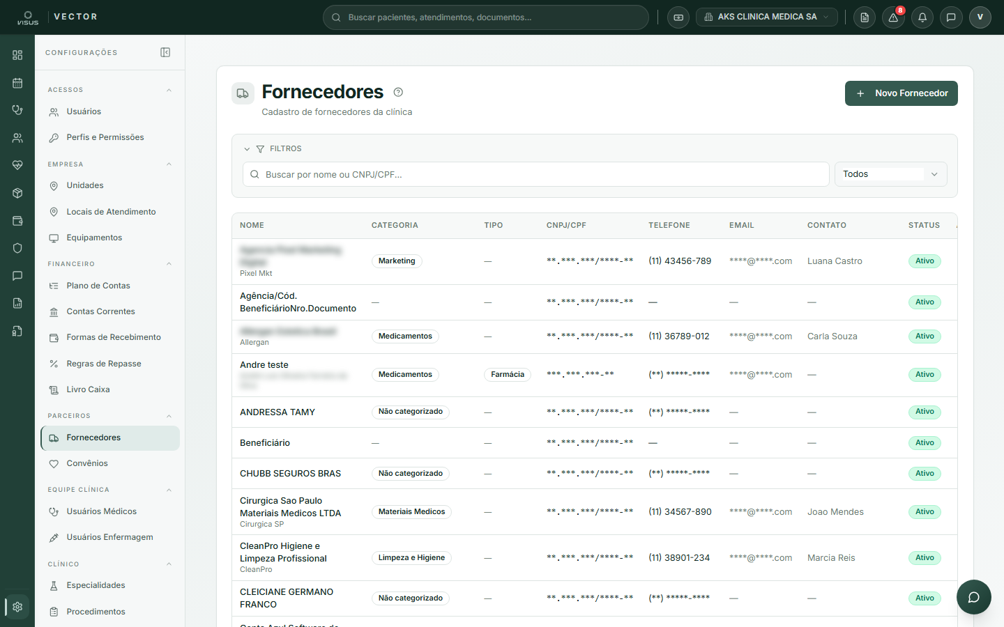 Lista de fornecedores cadastrados