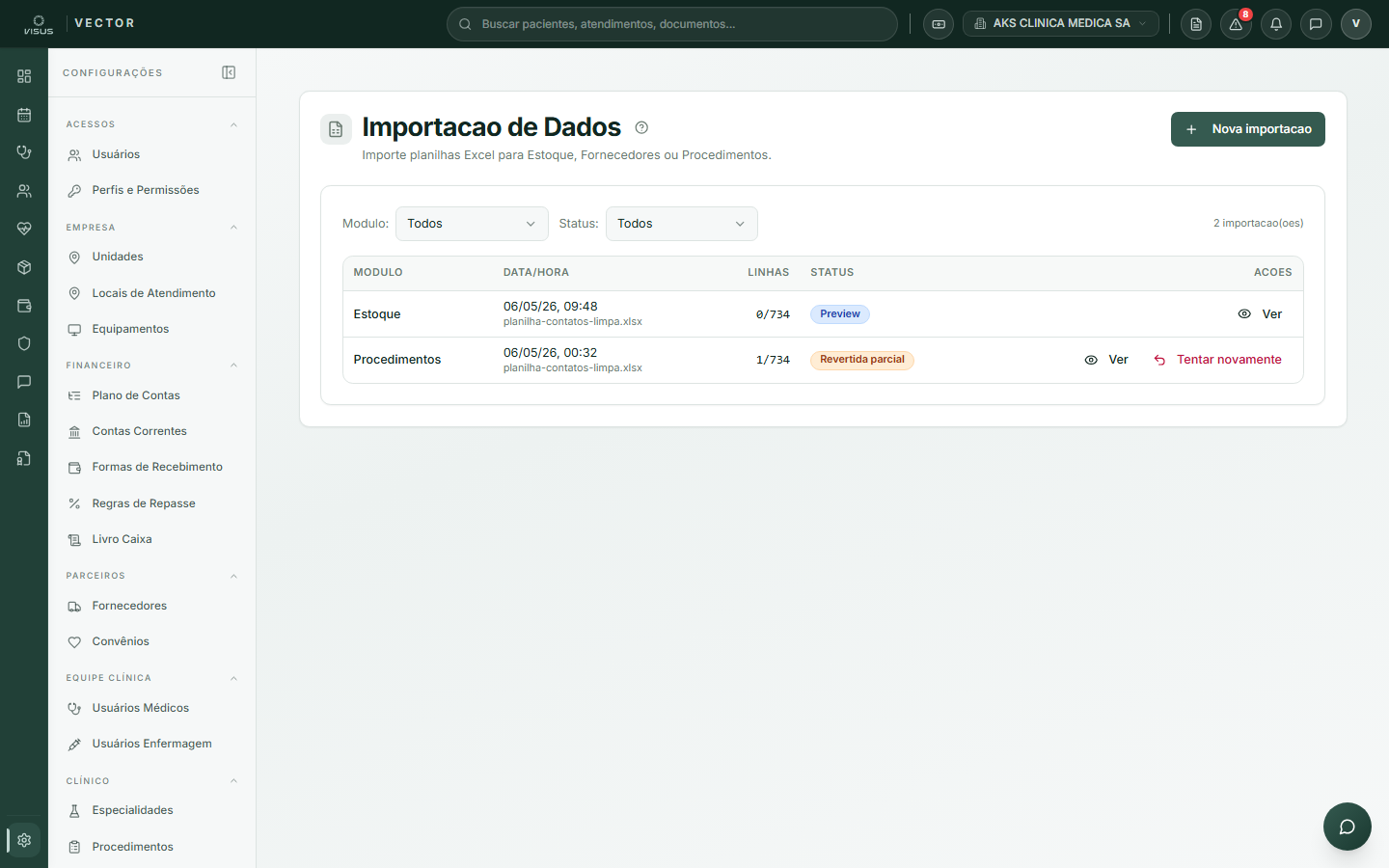 Histórico de importações com filtros de módulo e status