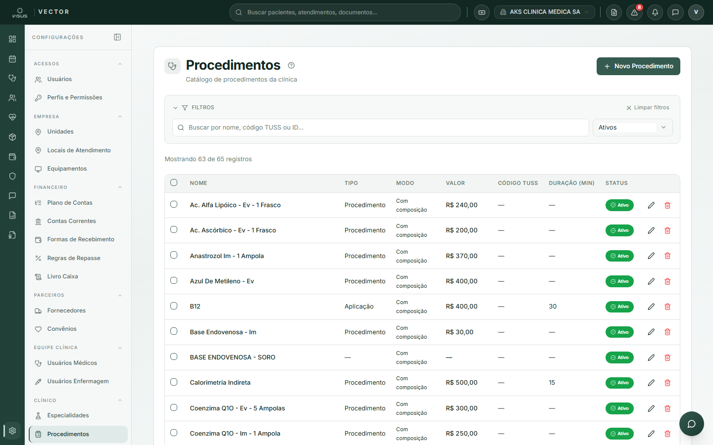 Lista de procedimentos da clínica