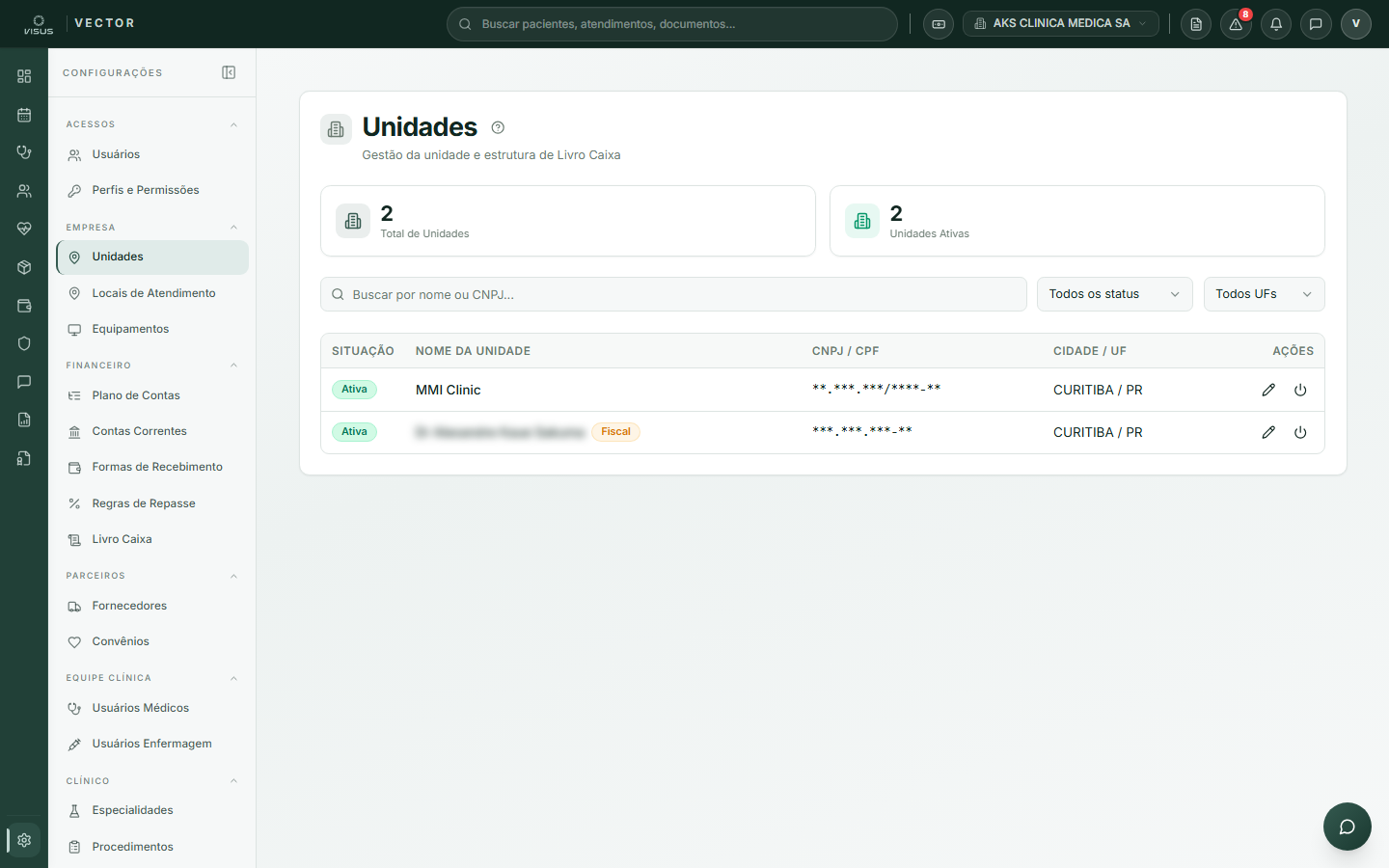 Telas de Unidades, Locais, Localizações e Equipamentos em Configurações