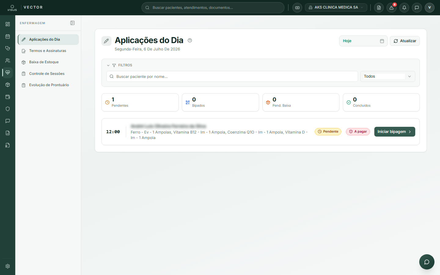 Lista de aplicações do dia com status de cada paciente