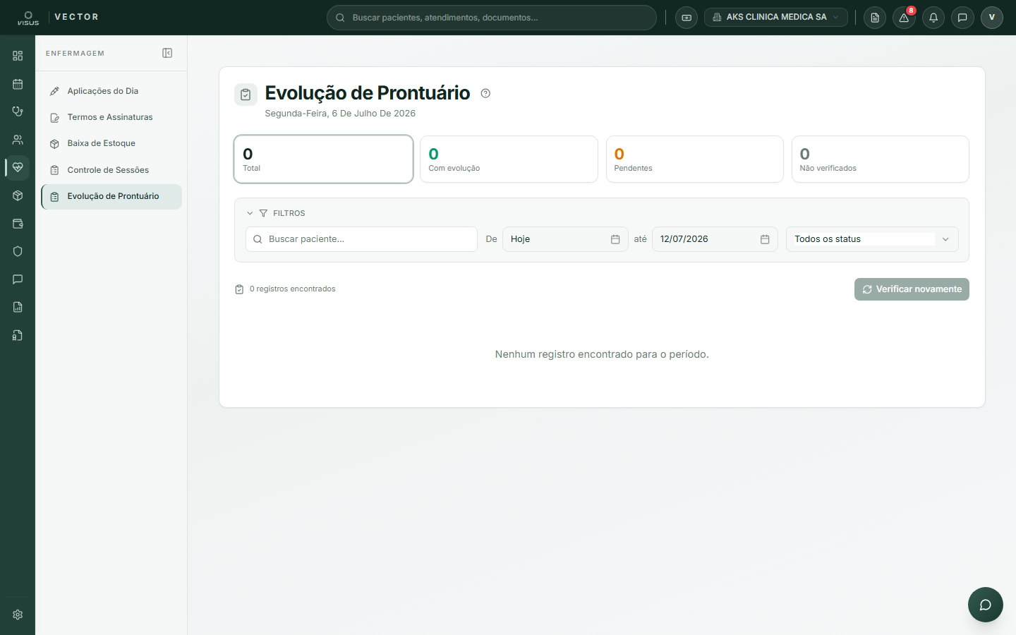 Tela de evolução de prontuário com cartões de status e lista de pacientes