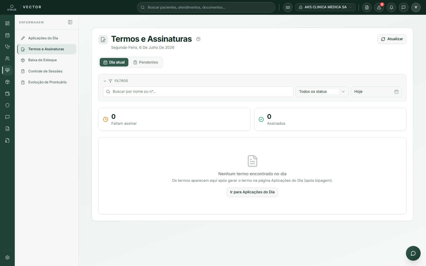 Tela Termos e Assinaturas com lista de termos pendentes e assinados