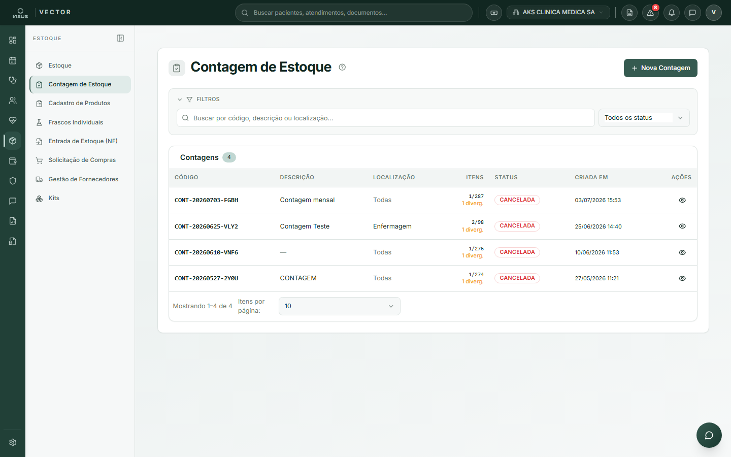 Lista de contagens de estoque