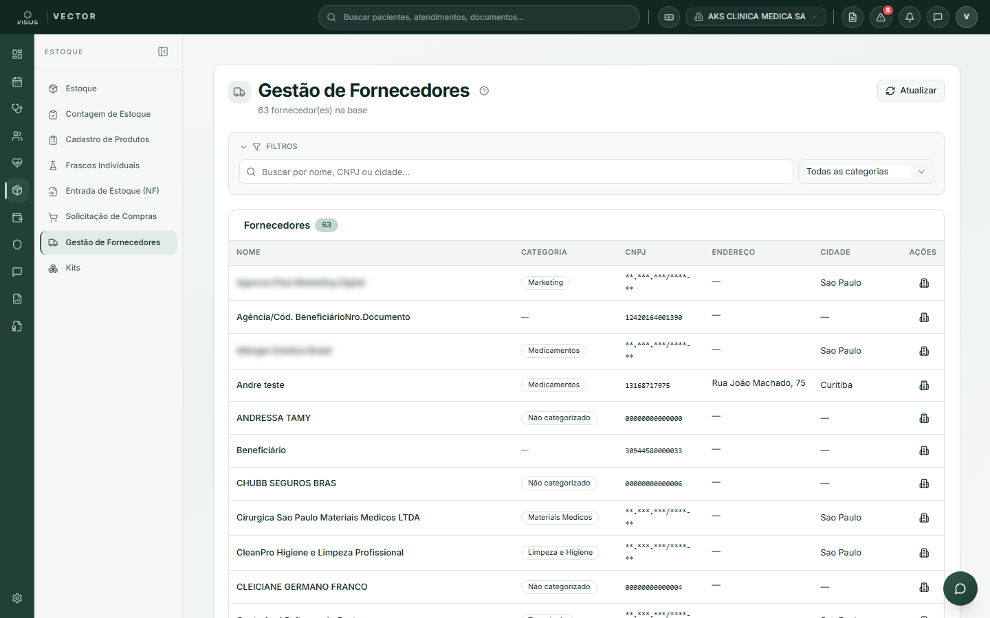 Lista de fornecedores com filtros de busca e categoria