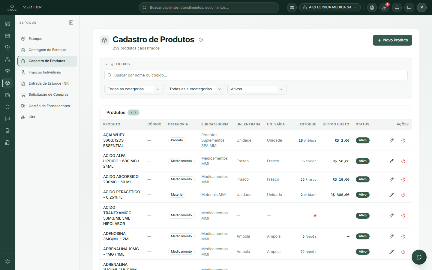 Tela de cadastro de produtos do estoque