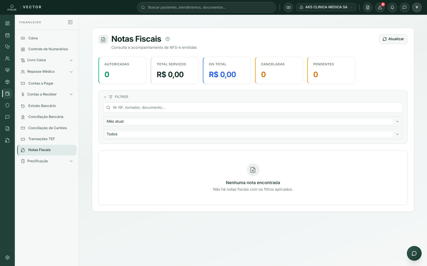 Tela de notas fiscais