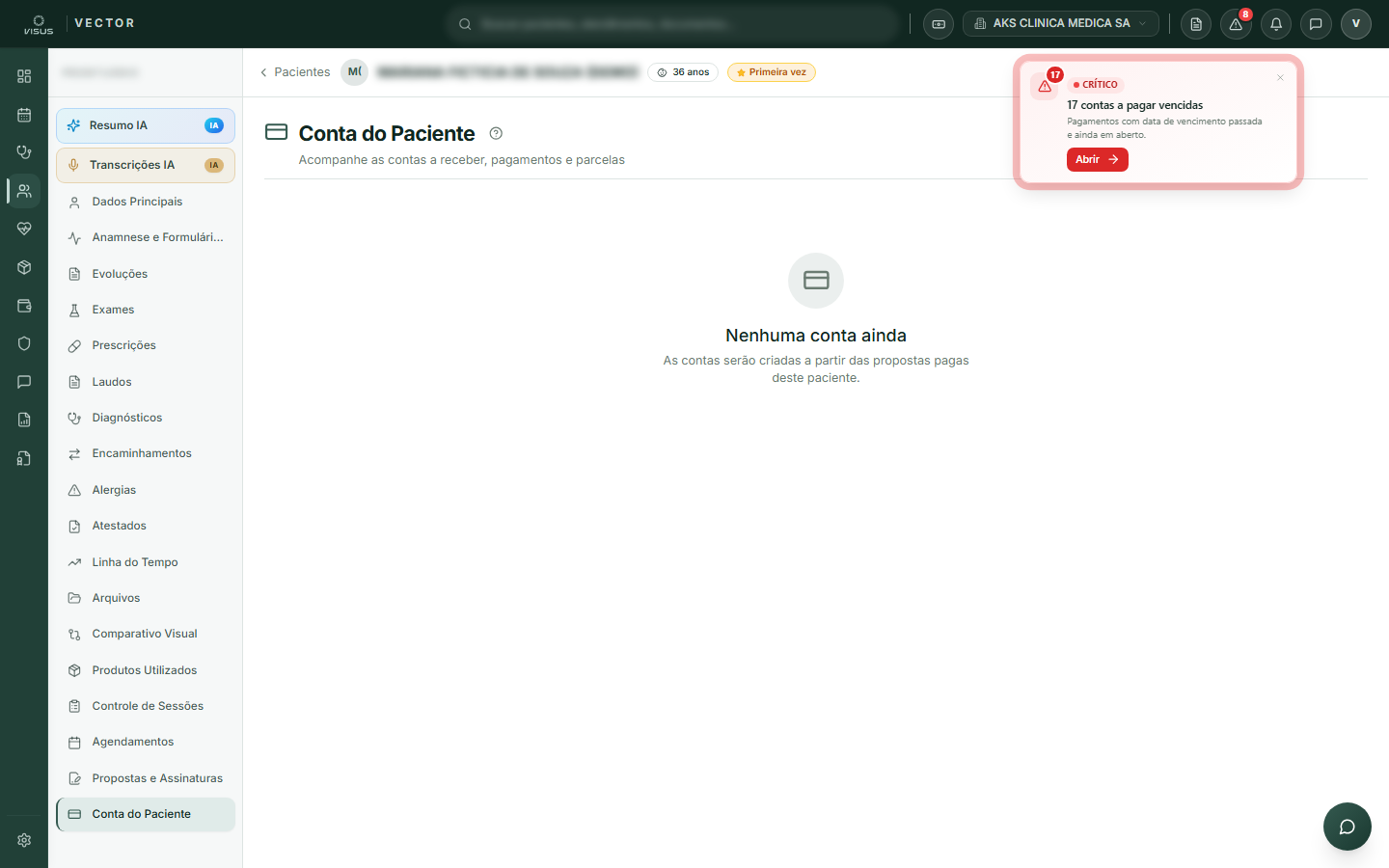 Aba Conta do prontuário do paciente com KPIs e lista de contas
