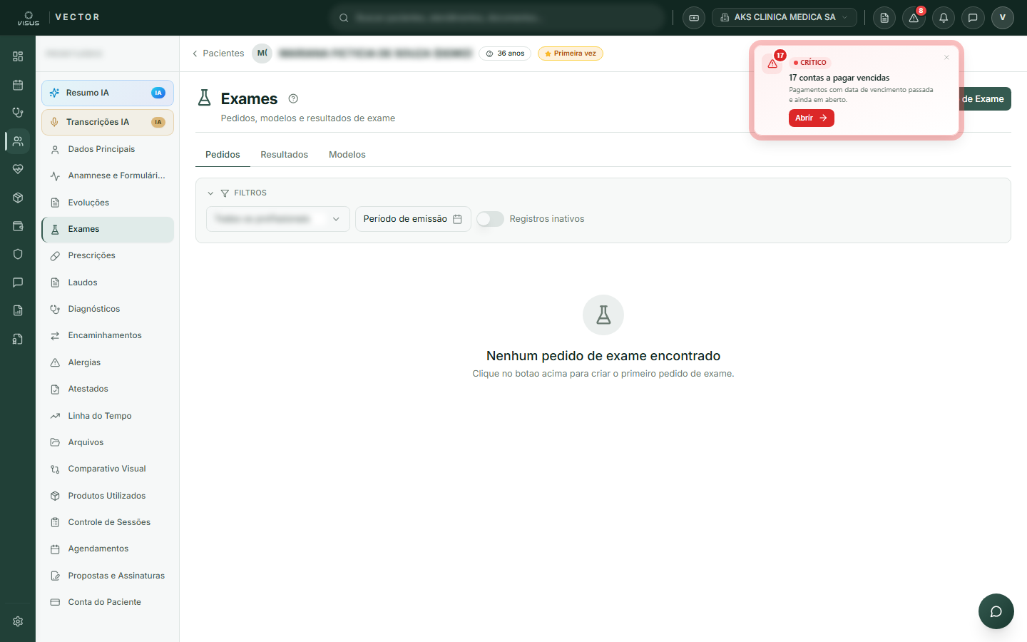 Tela de pedidos de exame e laudos do paciente