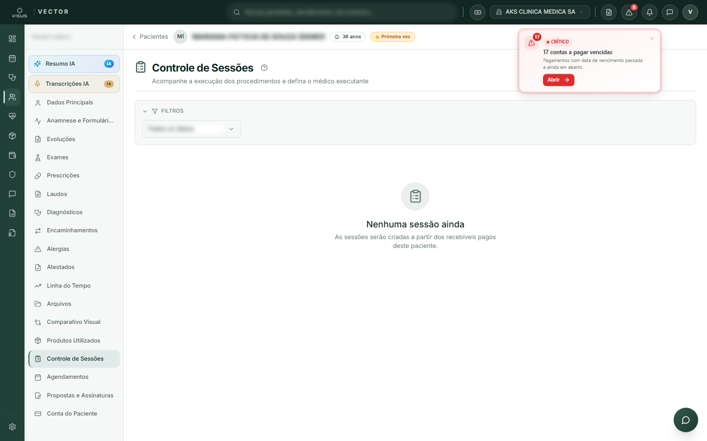 Telas de Sessões, Resumo IA e Transcrições no prontuário do paciente